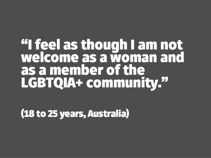 I feel as though I am not welcome as a woman and as a member of the LGBTQIA+ community. (18 to 25 years, Australia)