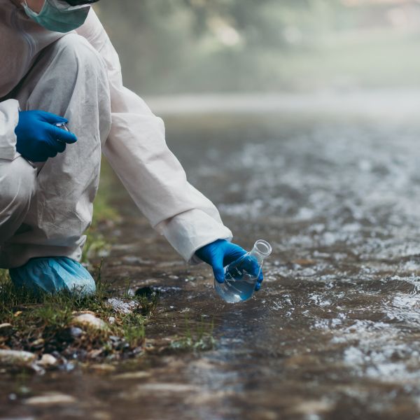 Scientist in protective suit taking water samples from the river. University of Newcastle research aims to address global water security