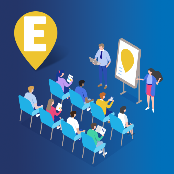 Web_Event_BankingFinance An illustrated image with two people standing next to a board they are presenting, one holds a laptop and the other gestures towards the board. To the left are eight people who are seated and listening to the presentation, some hold papers and tablets.