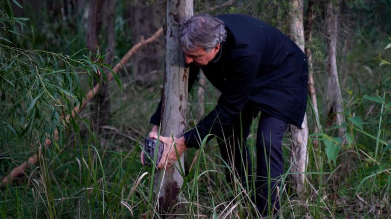 Daryn crouches to secure a trail camera to a tree