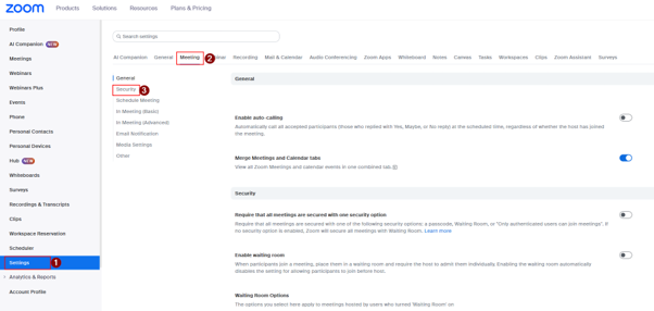 A screenshot taken from the Zoom web portal that shows the settings menu.
