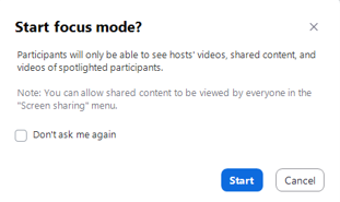 A screenshot taken from a Zoom meeting that shows the confirmation message displayed when 'focus mode' is selected.