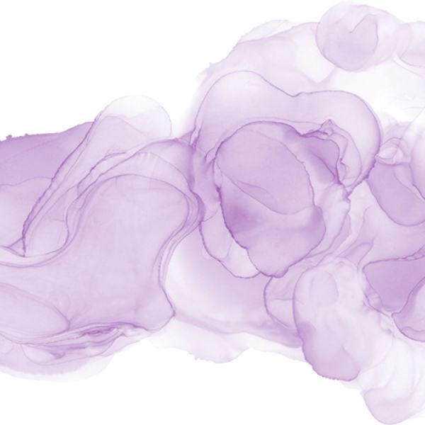 Abstract wash of soft lavender and purple ink-like shapes flowing across a white background with translucent layered textures and organic contours.