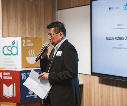 Charles Lee delivering a speech at the cocktail launch of the Centre for Sustainable Development (CSD).