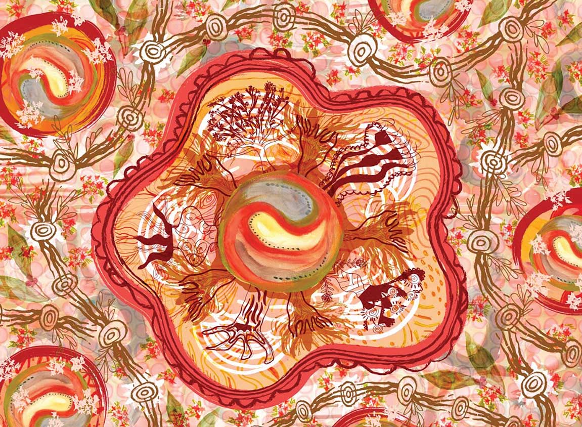 Colourful Aboriginal artwork with circular patterns and tree-like designs