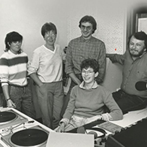 2NURFM staff in their studio in the Mathematics Building in 1984. 2NURFM celebrates 40 years of broadcasting