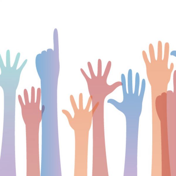 Drawing of hands voting in the air. Nominate now for staff council elections