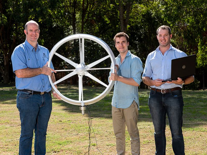 James Bradley, Dr Sam Evans, Dr Joss Kesby with their small wind turbine innovation.