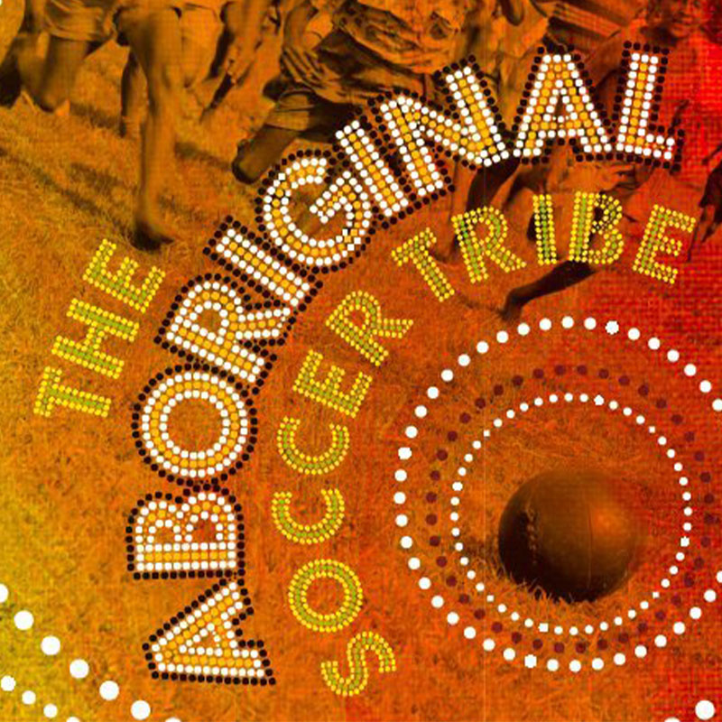 Dot typeface with black and white photograph of Aboriginal children playing soccer