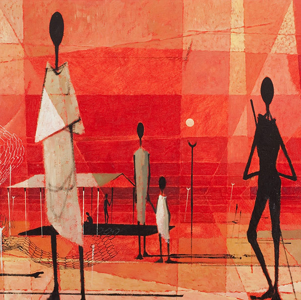 Aboriginal art of 3 silhouettes of people on a red background