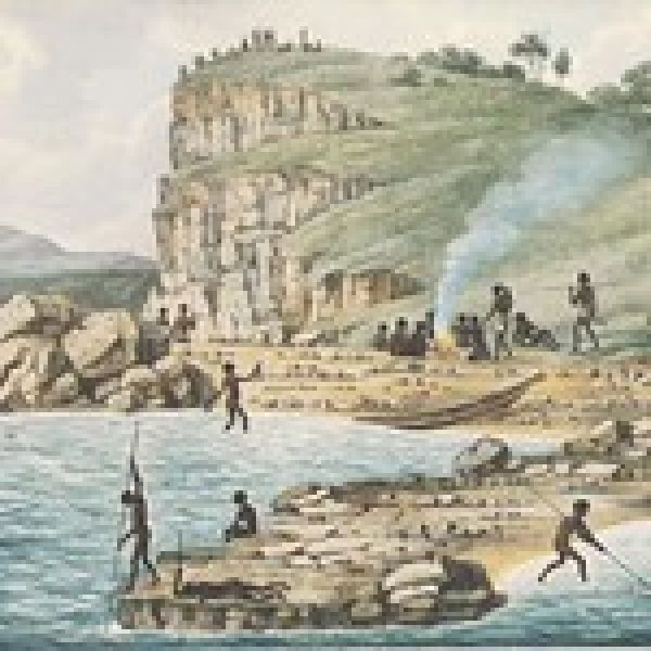 19th century artwork depicting Aborigines spearing fish, others diving for crayfish, a party seated beside a fire cooking fish at what is now known as Mereweather Beach, NSW. Truth Telling: The role of Purai Global Indigenous History Centre in the shaping of an equal future.