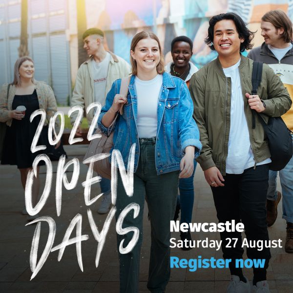 Two students walking in open day promotion. Countdown’s on: Full campus activation ready to launch for Newcastle Open Day – City Campus and Callaghan.