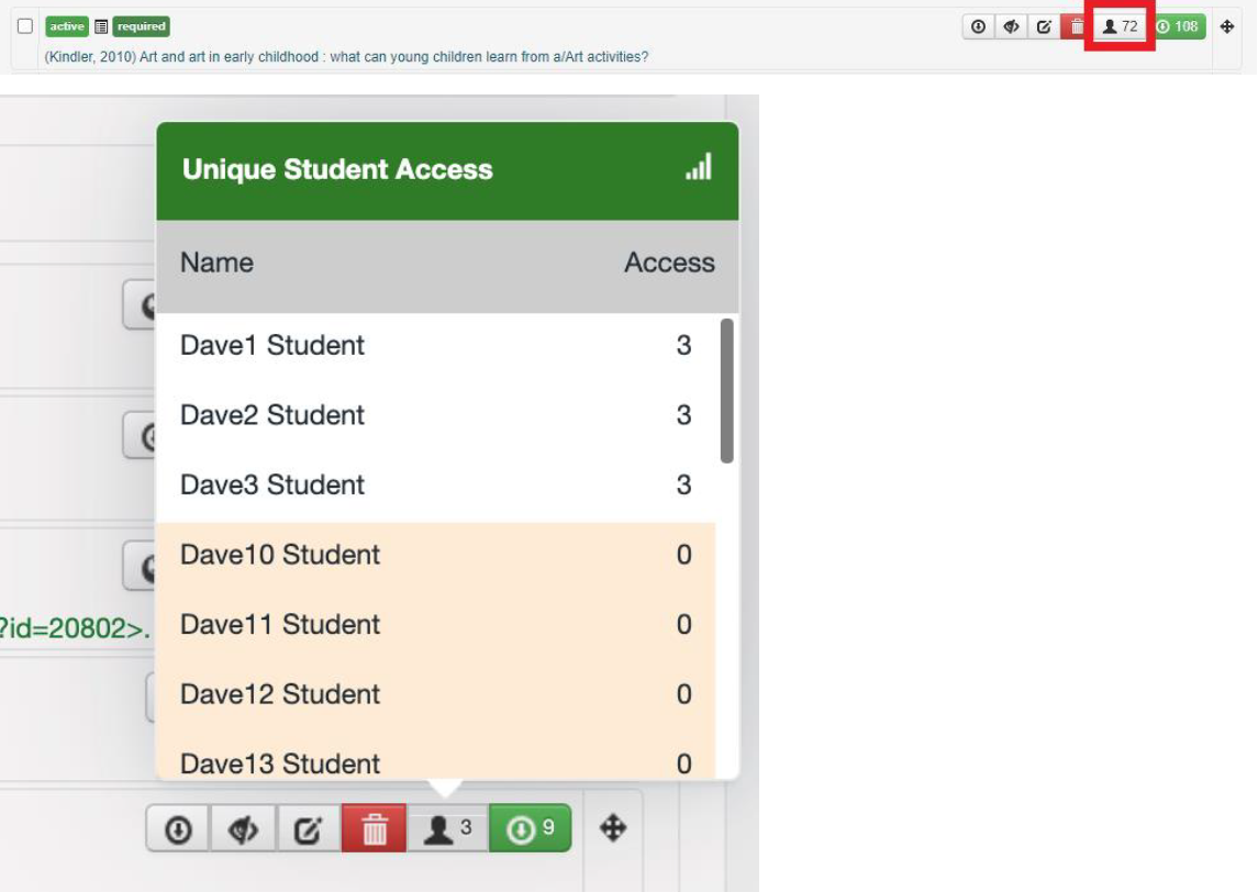 Screenshot of the unique student access in Course Readings