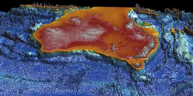An exaggerated 3D view of the Australian continental land mass and surrounding oceans.