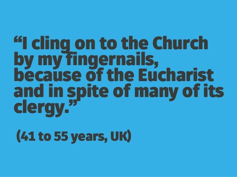 I cling on to the Church by my fingernails, because of the Eucharist and in spite of many of its clergy. (41 to 55 years, UK)