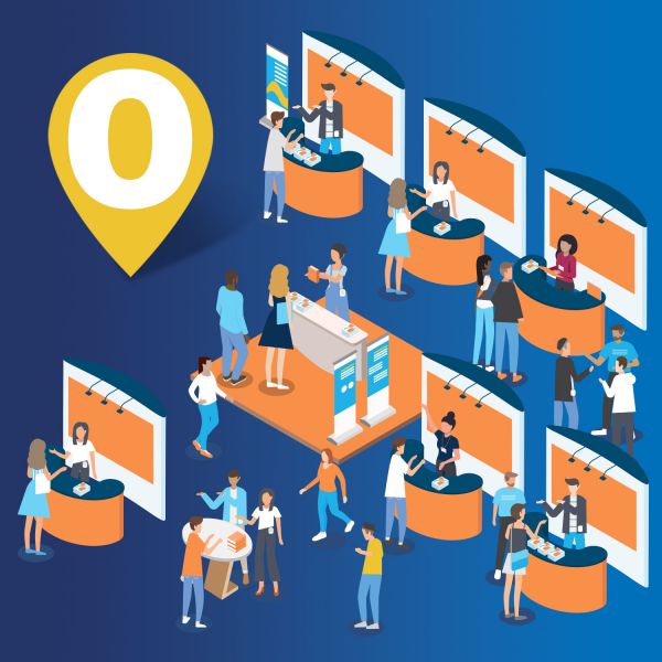 Cartoon graphic with blue background showing people walking through stalls in a large room.