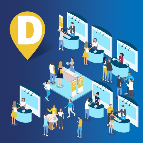 Blue graphic with cartoon people standing at stalls talking to employers.