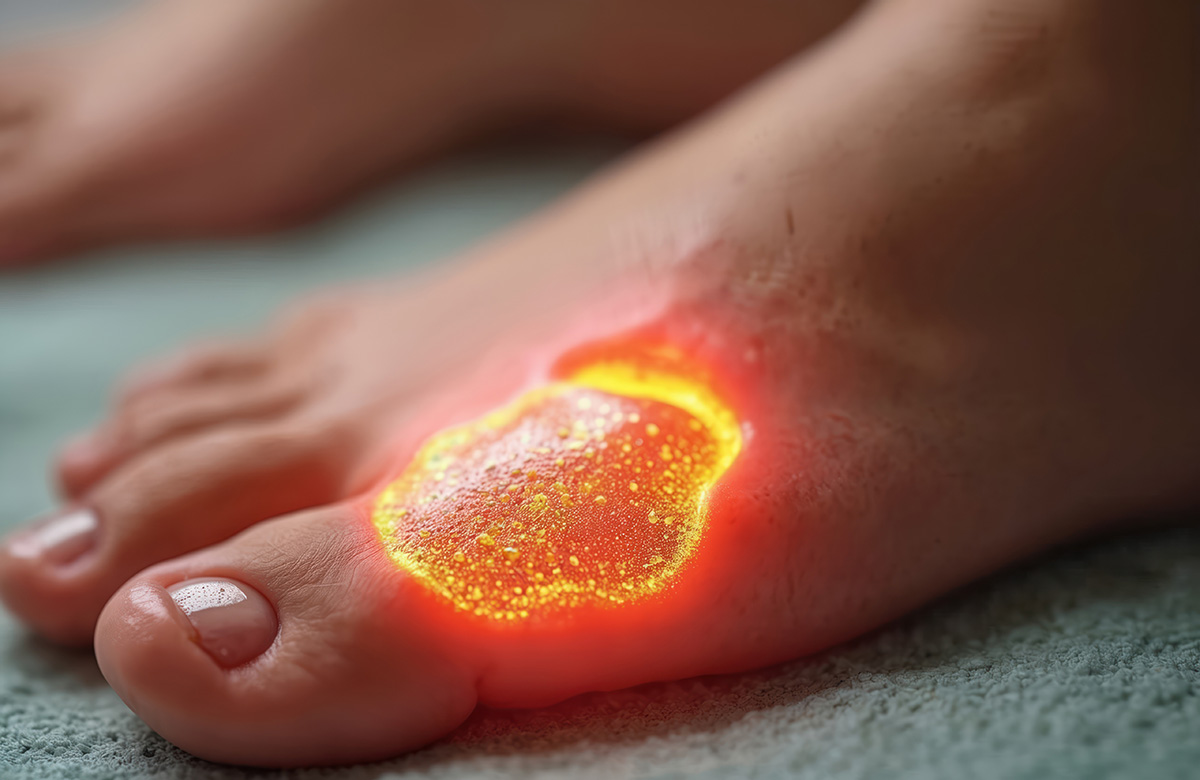 A foot with a red burn