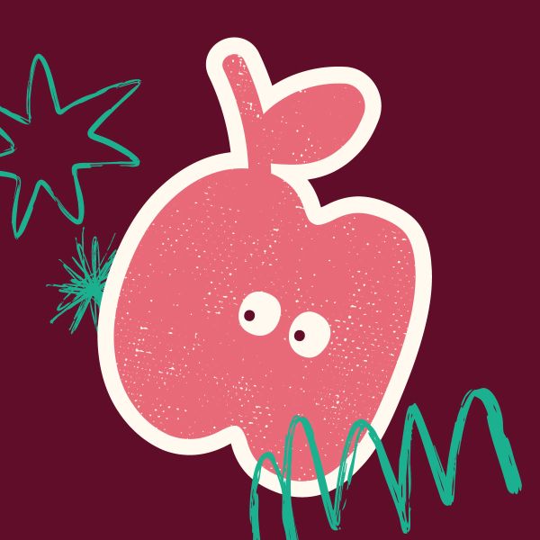 Stylised illustration of a pink apple with two cartoon eyes on a dark burgundy background. Teal hand-drawn doodle shapes and wavy lines surround the apple, creating a playful, textured design with a whimsical, graphic-art style.