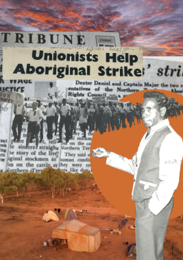 Dexter Daniels poster: Lily Vodic Senior Artwork collage comprised of black & white photographs of a strike & an Aboriginal man, news headlines and color pics of an outback Queensland community