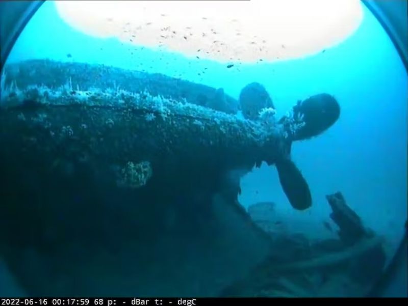 A sideways looking image of the stern of the MV Limerick wreck clearly showing the ships propellers.