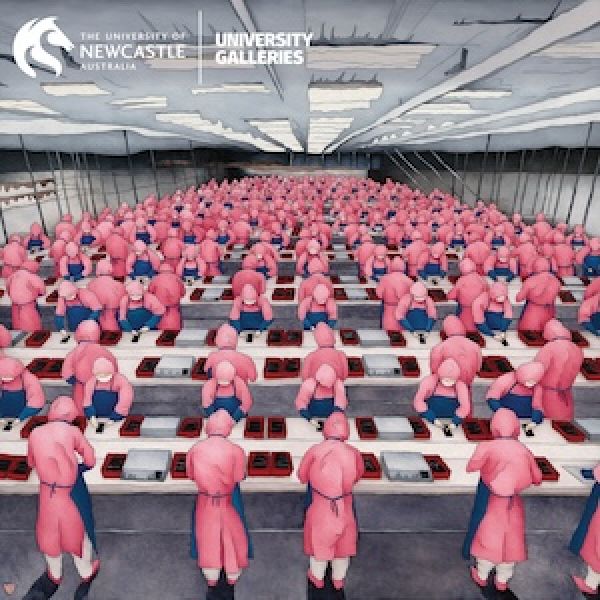 Artwork by Caroline Zilinsky. A painted image of people in a production line wearing matching pink coats and masks.