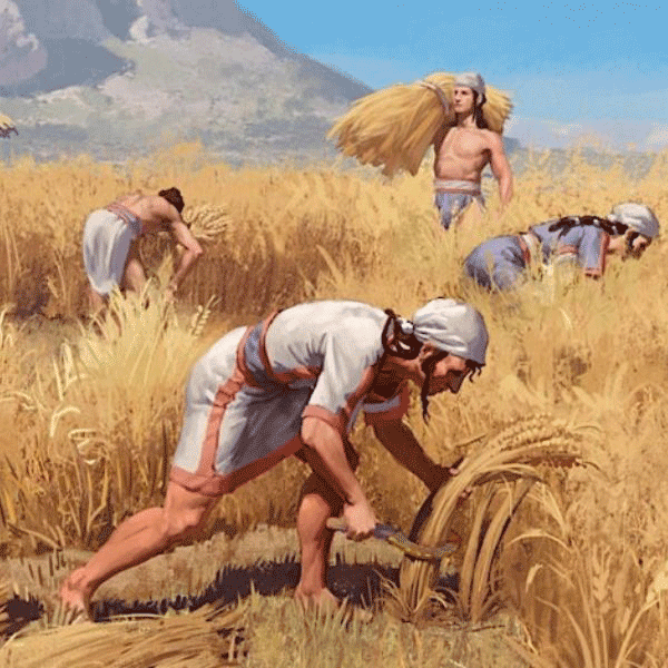 Oil painting of men and women farming wheat