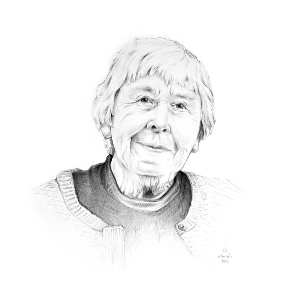 A black and white portrait sketch of Daphne smiling. In the sketch she is wearing a dark coloured top with a light coloured cardigan over the top.