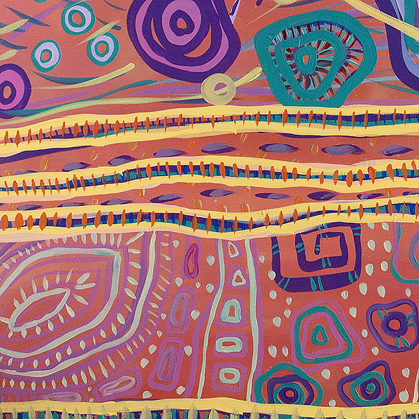 Detail of colourful linear abstract painting by Wiradjuri and Wongaibon artistRenae Lamb