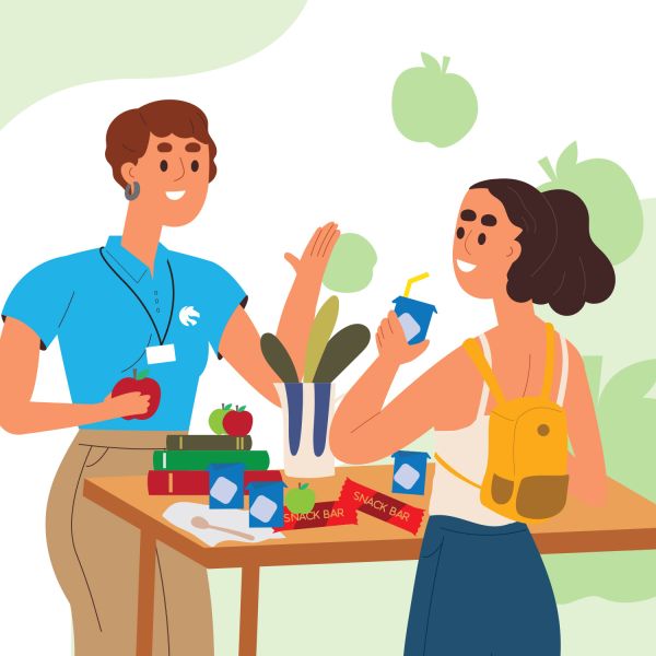Illustration of two women talking over a table of snacks, books, and fruit in a flat graphic style.