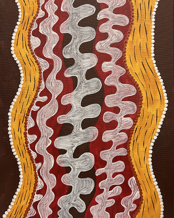 An image of an Aboriginal painting in warm colours