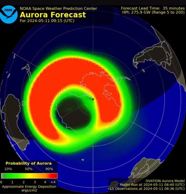 NOAA aurora forecast on May 11 2024 showing a very high probability of aurora extending away from the South Pole. NOAA