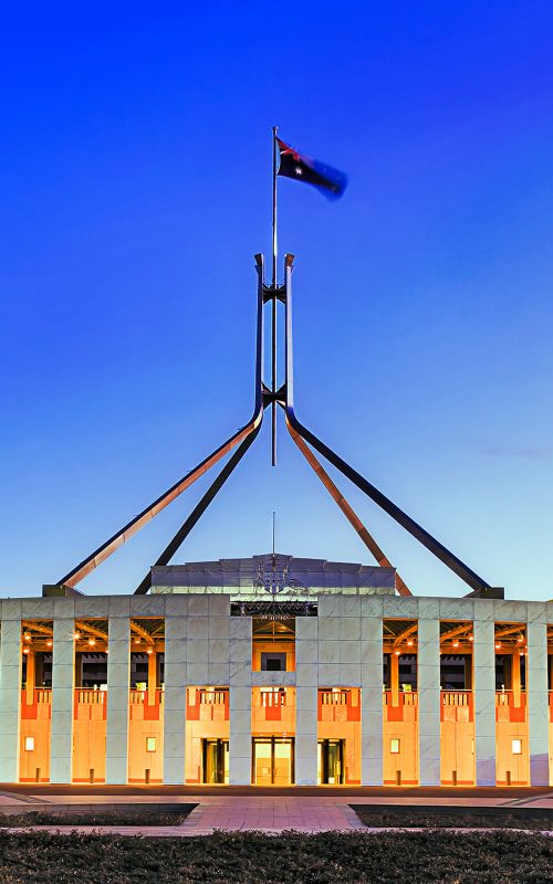Canberra Parliament Pool Reflection at sunset - public building with free access.