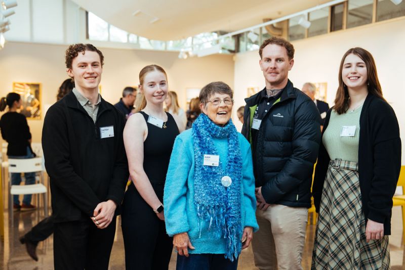 Ma & Morley Scholars, Lachlan Blanch, Carley Pringle, Scott Burgess, and Tessa Wlie, with Judy Morley at Scholar Event