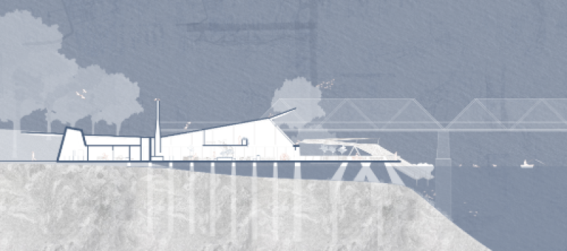 Cross-section architectural illustration of a sloped-roof building by a bridge. Features trees, water, and a small boat, creating a serene tone.