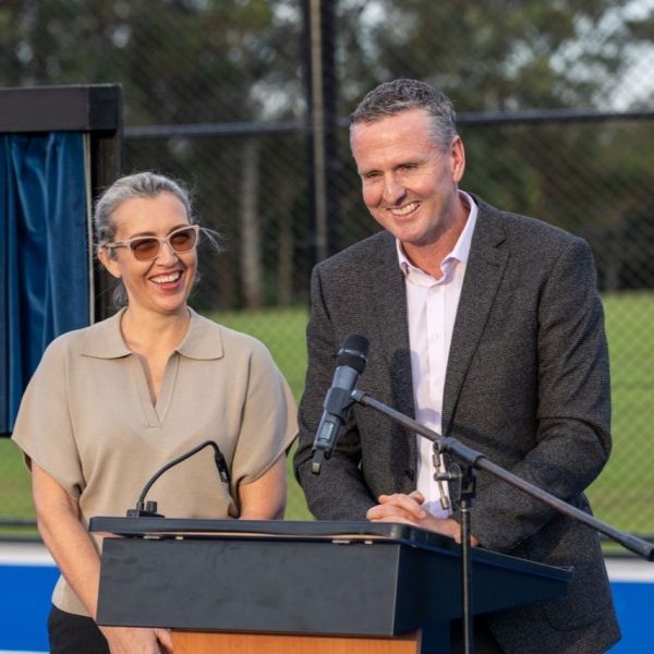 Mark and Kirralee give a speech at the official opening. Local sport gets a boost with new multisport facility honouring Mark and Kirralee Hughes.