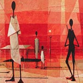 Cubist style artwork in warm tones with two dark figures and white square boxes representing houses.. Chief investigators meet: history of the Aborigines Protection/Welfare Board (1883-1969) project