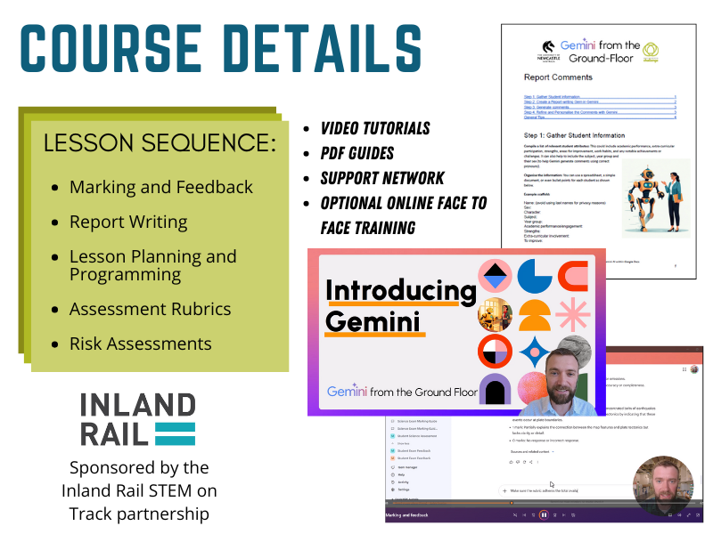 Gemini from the ground floor course details. Lesson sequence: Marking and Feedback, Report Writing, Lesson Planning and Programming, Assessment Rubrics, Risk Assessments. Video tutorials, PDF guides, Support network, Optional online face to face training