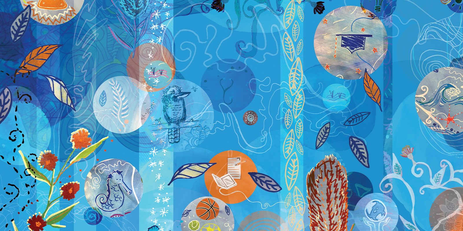 An abstract artwork in shades of blue featuring layered organic shapes, including stylised leaves, vines, and circular patterns. A large central banksia-like flower in warm orange and gold tones stands out against the cool background. Surrounding it are floating leaf motifs, swirling white lines, and symbolic shapes such as a small globe held by two hands. The composition blends botanical elements with flowing, water‑like textures.