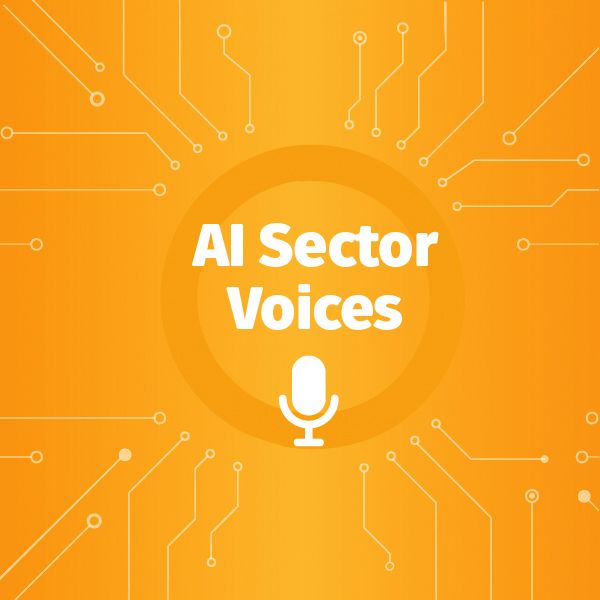Graphic with the text ‘AI Sector Voices’ on an orange digital‑themed background with a microphone icon