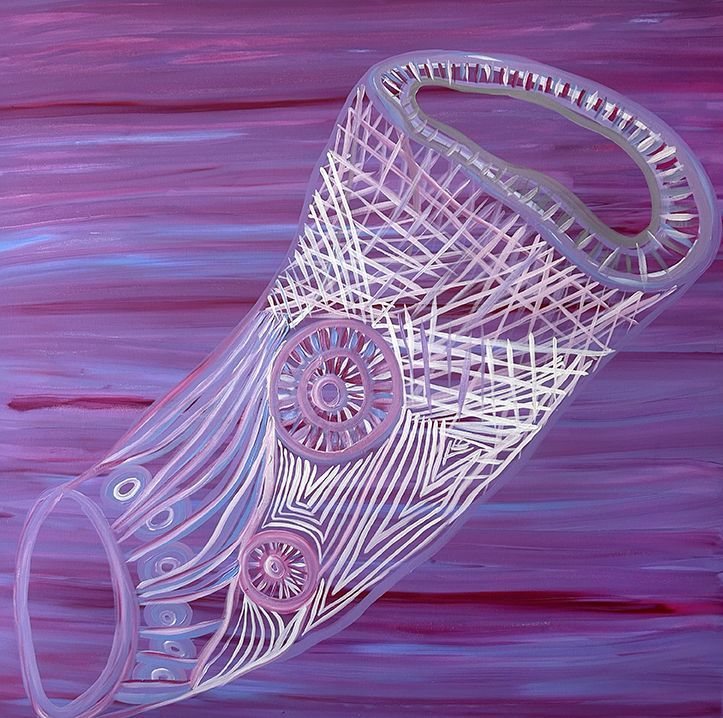 A pink and purple abstract Aboriginal painting of a woven fish trapa 