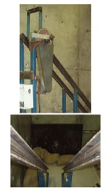 Figure 2 a: Photographs of the testing apparatus. Top: view of the top part of the ramp: spinning device with cover and release mechanism. Bottom: view of the steel channels making the ramp. 