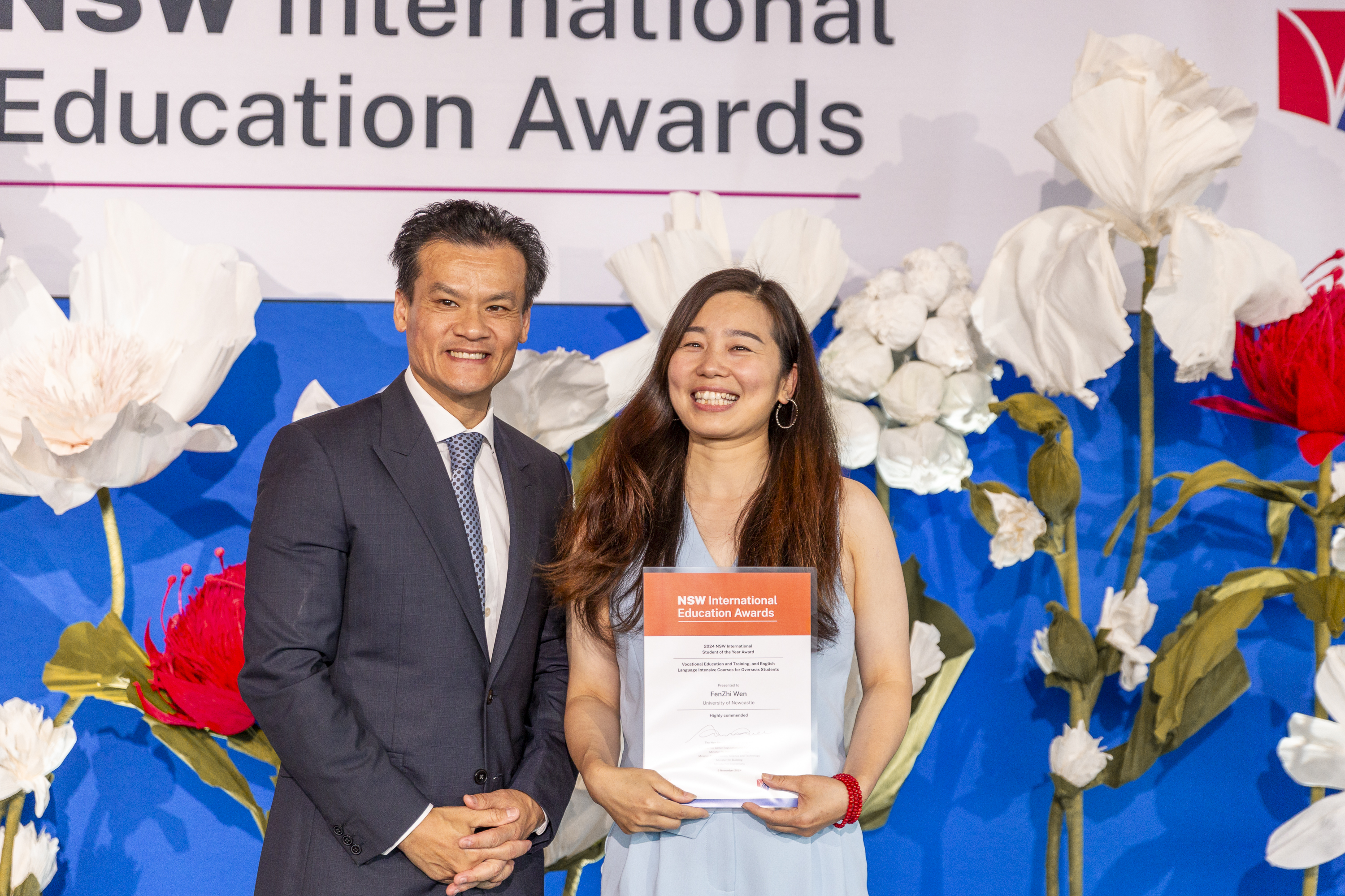 Highly commended in the NSW International Student of the Year Award – English Language Intensive Courses for Overseas Students (ELICOS) and Vocational Education and Training (VET) Highly commended award winner FenZhi Wen receives award on stage