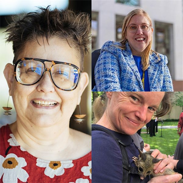 A collage of three images showing different people. One person is wearing a red floral shirt, another is in a blue jacket, and the third person is holding a small animal.