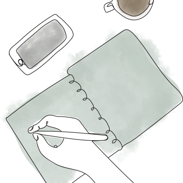 The illustration of a hand writing on a note book on desk, a coffe mug and a smart phone next to it