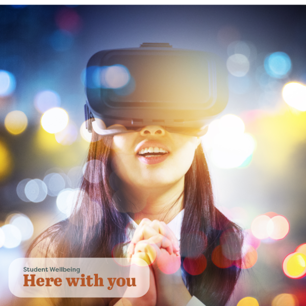 decorative image of woman wearing a VR headset and smiling