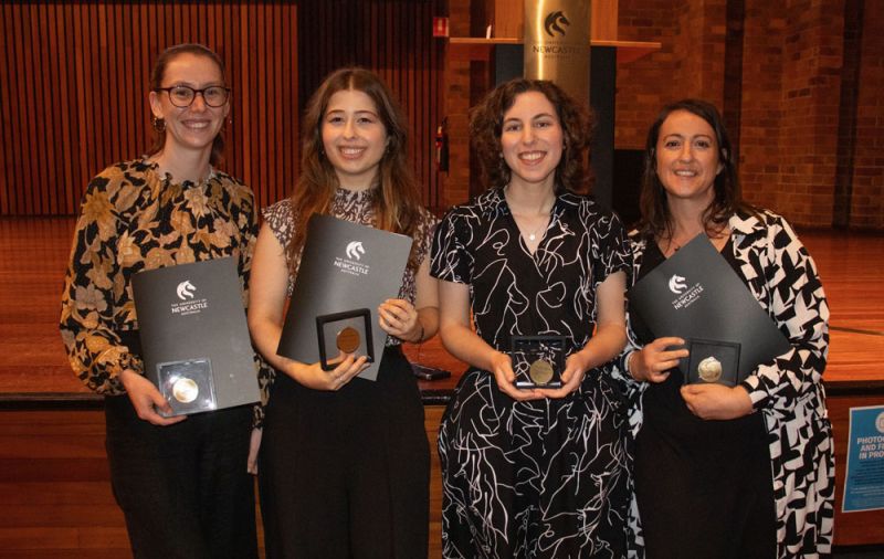 Ma & Morley Scholars, Jasmine Stuart, Sophia Scepanovic, Anna Popowicz, and Keren Peter receiving their College of Engineering, Science and Environment Medals
