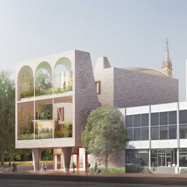 Alt text for pic: A concept image of Alumni & Community House. In the picture Alumni & Community House has six large windows. Three have an arch at the top. The image also features trees, surrounding streets, pedestrians and a bicycle rider. . Alumni unite around future vision