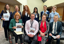 Hunter students and Centre for Law and Social Justice representatives are pictures with local MPs at NSW Parliament holding the School Students' Statement on the Right to a Healthy Environment