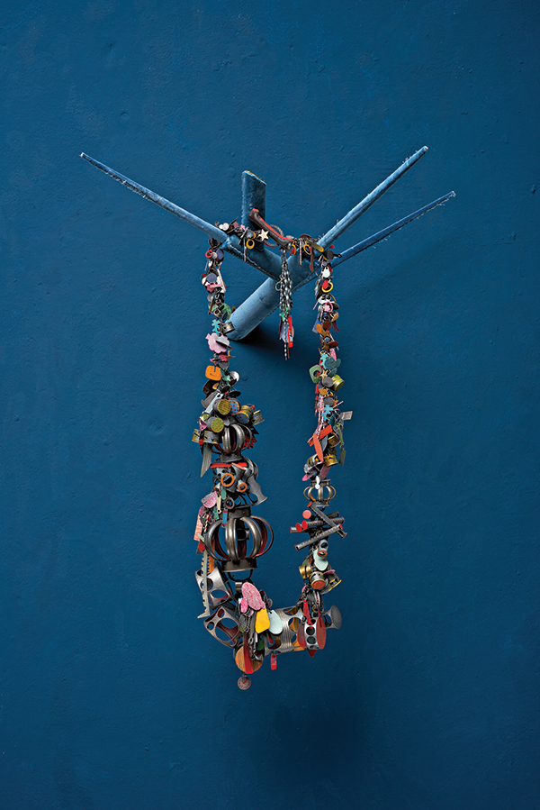 Helen Britton, Junkyard 3, 2025, silver, paint, velvet, wood, copper, and steel